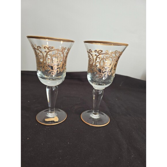 SET of 2 Interglass Italy Clear & Hand Painted 24K Gold Water/Wine Glasses - Picture 1 of 12